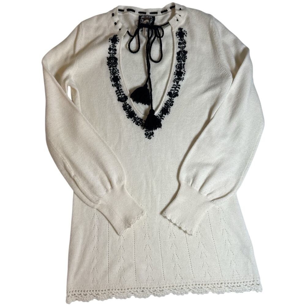 Free People Ivory Embroidered Sweater Dress Boho Wool Blend Size M